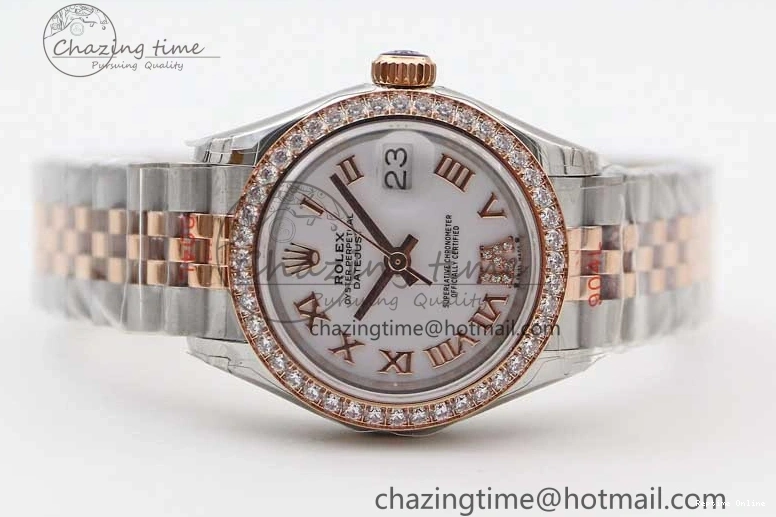 0121 Trendy Lady DateJust 28 SS RG TWF Diamonds Bezel 1:1 Best Edition White Dial Roman Markers on Jubilee Bracelet NH 2129